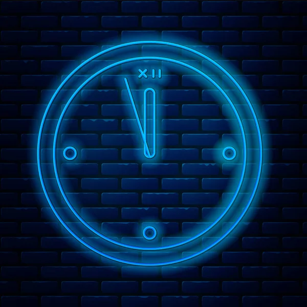 Leuchtende Neon-Line-Uhr-Symbol isoliert auf Backsteinwand Hintergrund. Zeitsymbol. Frohe Weihnachten und ein gutes neues Jahr. Vektorillustration — Stockvektor