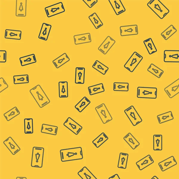 Blauwe lijn Smartphone met geschenkdoos op het scherm pictogram geïsoleerd naadloos patroon op gele achtergrond. Vrolijk kerstfeest en gelukkig nieuwjaar. Vector Illustratie — Stockvector