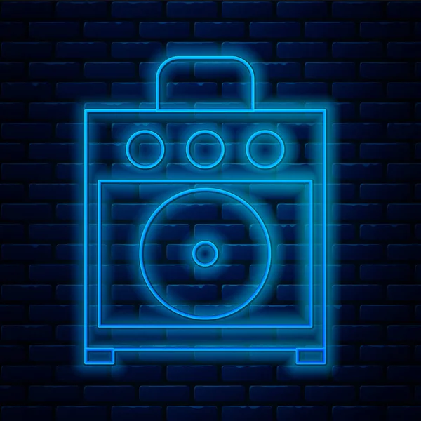 Leuchtende Neon Line Gitarrenverstärkersymbol isoliert auf Backsteinwand Hintergrund. Musikinstrument. Vektorillustration — Stockvektor