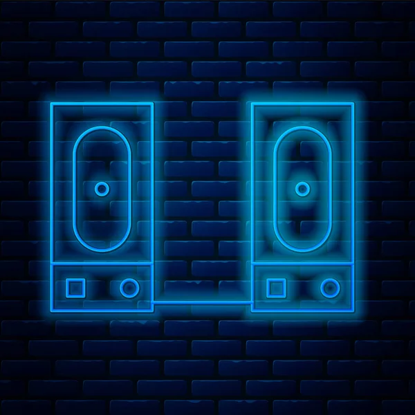 Gloeiende neon lijn Stereo luidspreker pictogram geïsoleerd op baksteen muur achtergrond. Geluidssysteemluidsprekers. Muziek icoon. Muzikale kolom luidspreker bas apparatuur. Vector Illustratie — Stockvector