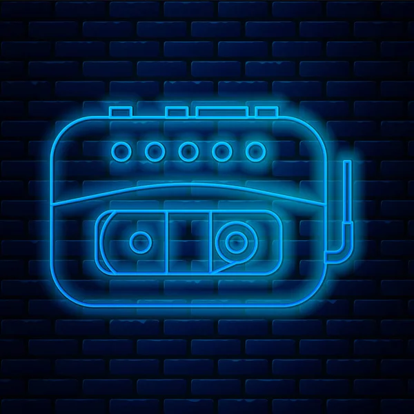 Leuchtende Neon-Line-Musikband-Player-Symbol isoliert auf Backsteinwand Hintergrund. tragbares Musikgerät. Vektorillustration — Stockvektor