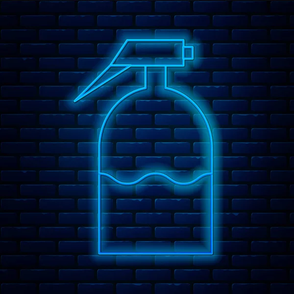 Ligne lumineuse néon Pulvérisateur de jardin pour l'eau, engrais, produits chimiques icône isolée sur fond de mur de briques. Illustration vectorielle — Image vectorielle