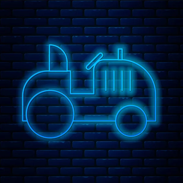 Linea neon luminosa icona del trattore isolato su sfondo muro di mattoni. Illustrazione vettoriale — Vettoriale Stock