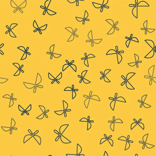 Tijeras hechas a mano de jardinería de línea azul para recortar icono aislado patrón sin costura sobre fondo amarillo. Tijeras de podar con asas de madera. Ilustración vectorial — Vector de stock