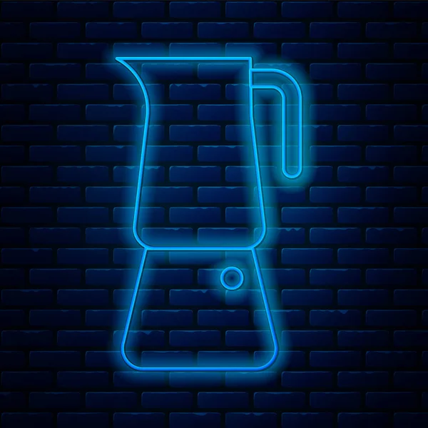 Brillante línea de neón Moka pot icono aislado en el fondo de la pared de ladrillo. Cafetera. Ilustración vectorial — Archivo Imágenes Vectoriales