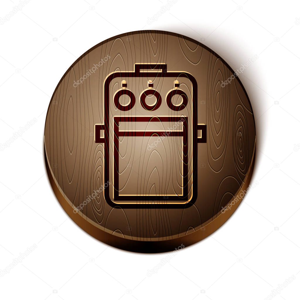 Brown line Guitar pedal icon isolated on white background. Musical equipment. Wooden circle button. Vector Illustration