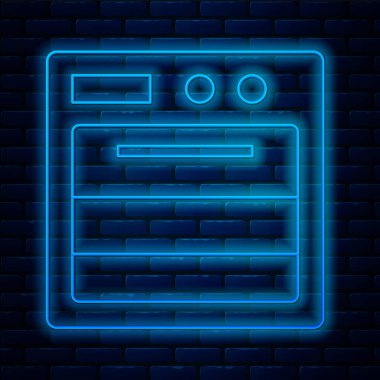 Parlayan neon hattı fırın simgesi tuğla duvar arka planında izole edildi. Fırın tabelası. Vektör İllüstrasyonu
