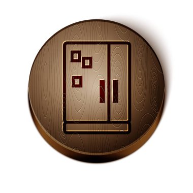 Kahverengi çizgi buzdolabı simgesi beyaz arkaplanda izole edilmiş. Buzdolabı buzdolabı. Ev aletleri ve aletler. Tahta daire düğmesi. Vektör İllüstrasyonu