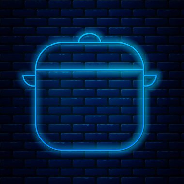 Parlayan neon hattı tuğla duvar arkasında izole edilmiş tencere ikonu. Haşlama ya da güveç besin sembolü. Vektör İllüstrasyonu