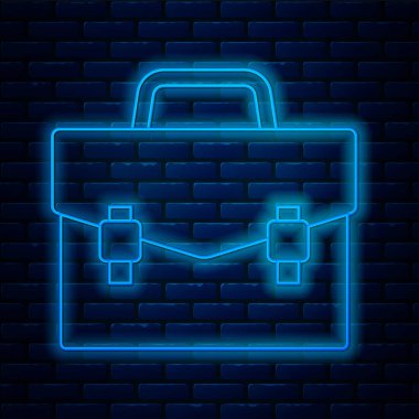 Parlayan neon hattı evrak çantası simgesi tuğla duvar arka planında izole edildi. İş ilanı. İş portföyü. Vektör İllüstrasyonu