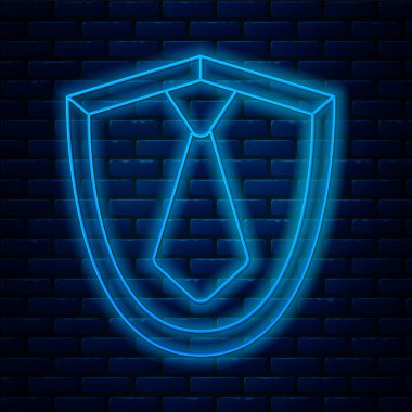 Parlayan neon hattı. Tuğla duvar arka planında bağ simgesi izole edildi. Boyunbağı ve boyun bezi sembolü. Vektör İllüstrasyonu