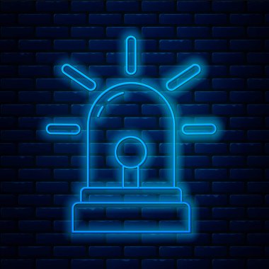 Parlayan neon hattı. Flasher siren ikonu tuğla duvar arka planında izole edilmiş. Acil durum sireni. Vektör İllüstrasyonu