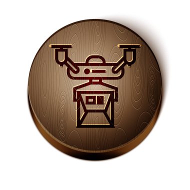 Kahverengi çizgi Drone dağıtım konsepti simgesi beyaz arkaplanda izole edildi. Quadrocopter bir paket taşıyor. Ulaşım, lojistik konsept. Tahta daire düğmesi. Vektör İllüstrasyonu