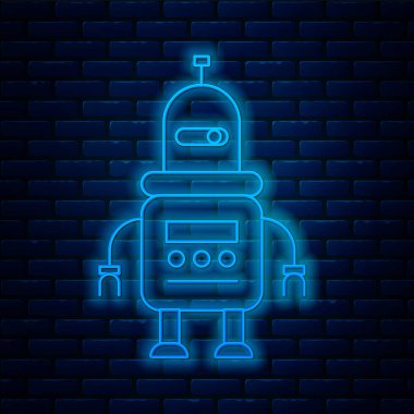 Parlayan neon hattı robot simgesi tuğla duvar arka planında izole edildi. Vektör İllüstrasyonu
