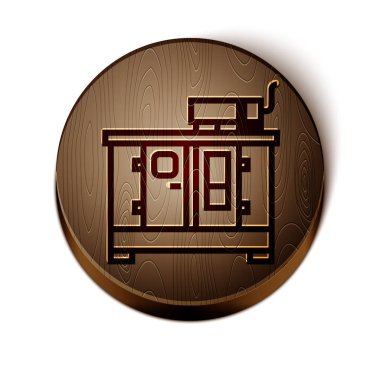 Kahverengi çizgi dizel güç jeneratörü ikonu beyaz arkaplanda izole edildi. Sanayi ve ev taşınmaz güç jeneratörü. Tahta daire düğmesi. Vektör İllüstrasyonu