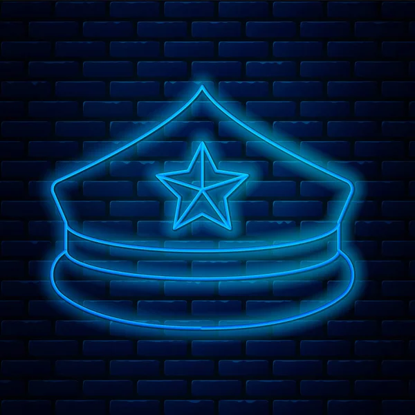 Glowing neon line Police cap with cockade icon isolated on brick wall background. Police hat sign. Vector Illustration — Stock Vector