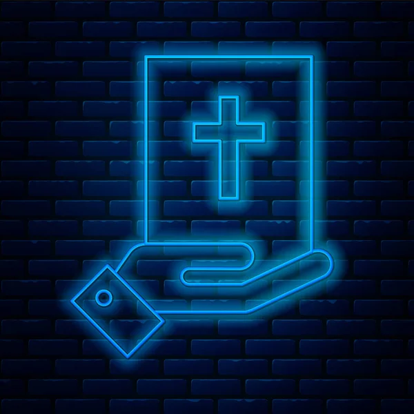 Gloeiende neon lijn eed op de Heilige Bijbel icoon geïsoleerd op bakstenen muur achtergrond. De procedure in de rechtbank. Waarheid en waarheid. Beloof het voor God. Vector Illustratie — Stockvector