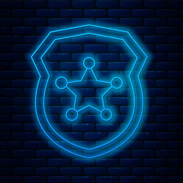 Zářící neonová čára Ikona policejního odznaku izolovaná na pozadí cihlové zdi. Značka šerifa. Vektorová ilustrace — Stockový vektor