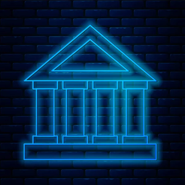 Linea al neon incandescente icona edificio del tribunale isolato su sfondo muro di mattoni. Edificio banca o museo. Illustrazione vettoriale — Vettoriale Stock
