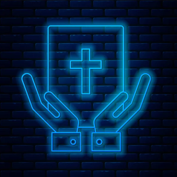 Glowing neon line Oath on the Holy Bible icon isolated on brick wall background. The procedure in court. Truth and truth. Promise before god. Vector Illustration — 스톡 벡터