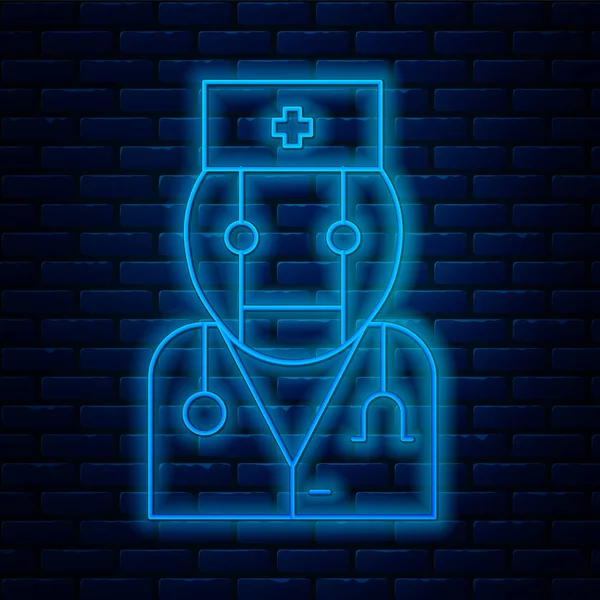 Glowing neon line Robot doctor icon isolated on brick wall background. Medical online consultation robotic silhouette artificial intelligence. Vector Illustration — 스톡 벡터