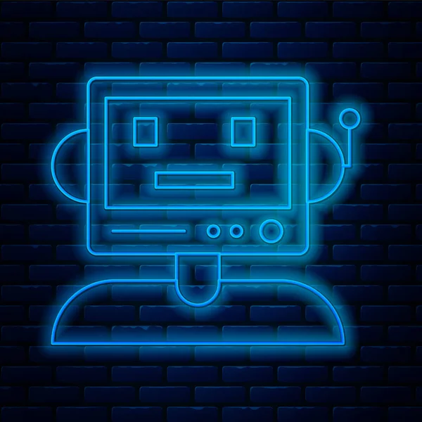 Leuchtende Leuchtschrift Roboter-Symbol isoliert auf Backsteinwand Hintergrund. Vektorillustration — Stockvektor