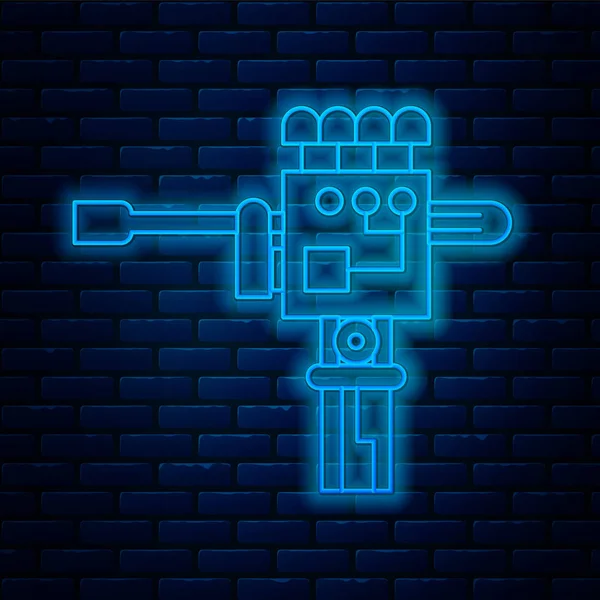 Zářící neonová linka Mechanická robotická ruční a šroubováková ikona izolovaná na pozadí cihlové stěny. Symbol robotické paže. Technologický koncept. Vektorová ilustrace — Stockový vektor