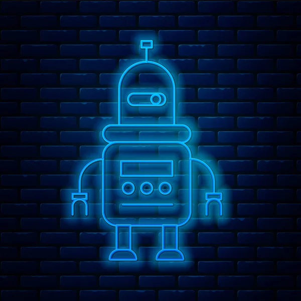 Brillante línea de neón Robot icono aislado en el fondo de la pared de ladrillo. Ilustración vectorial — Archivo Imágenes Vectoriales