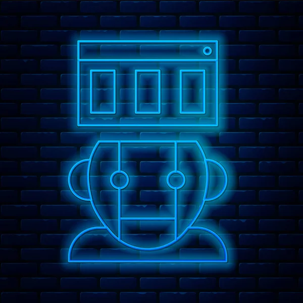 Brillante línea de neón Robot icono aislado en el fondo de la pared de ladrillo. Ilustración vectorial — Vector de stock