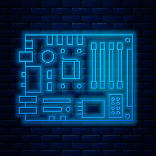 Línea de neón brillante Componentes electrónicos de computadora placa base chip digital integrado icono de la ciencia aislado en el fondo de la pared de ladrillo. Placa de circuito. Ilustración vectorial — Archivo Imágenes Vectoriales