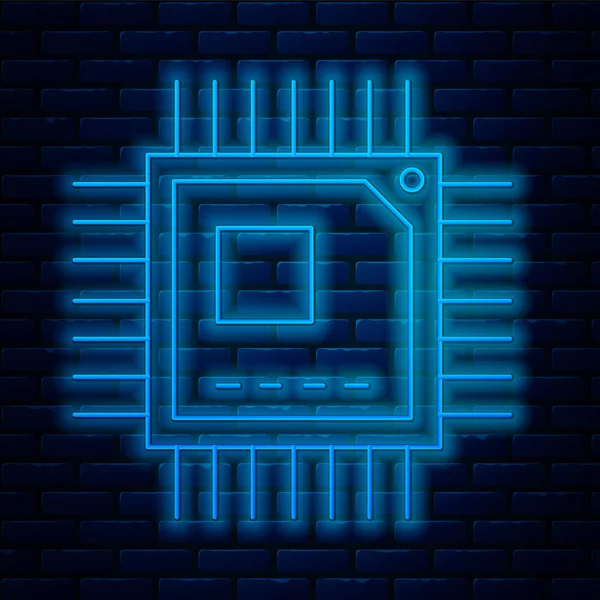 Glödande neon line Datorprocessor med mikrokretsar Cpu ikon isolerad på tegel vägg bakgrund. Chip eller cpu med kretskort tecken. Mikroprocessor. Vektor Illustration — Stock vektor