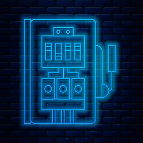 Glowing neon line Electrical panel icon isolated on brick wall background. Vector Illustration — 스톡 벡터