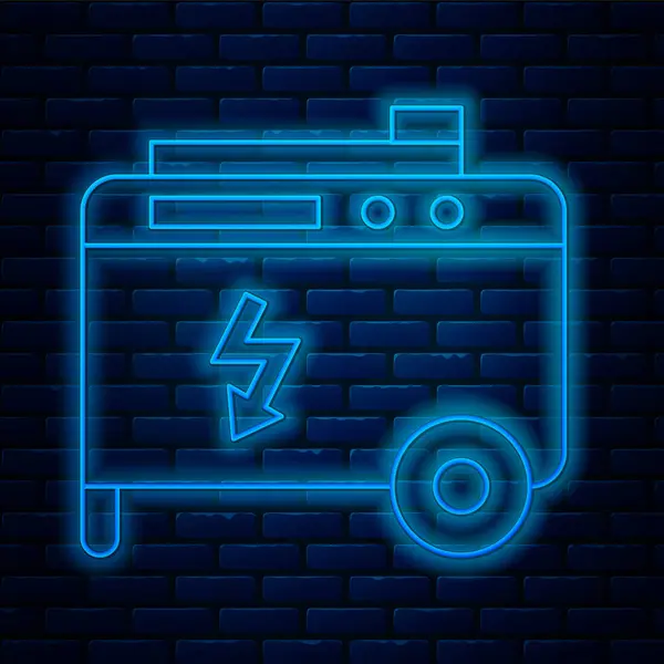 Icono de generador eléctrico de energía portátil de línea de neón brillante aislado en el fondo de la pared de ladrillo. Generador de energía industrial y hogar inamovible. Ilustración vectorial — Vector de stock