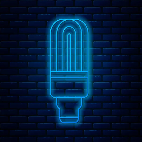 Icono de bombilla led de línea de neón brillante aislado en el fondo de la pared de ladrillo. Bombilla led económica iluminada. Ahorra energía lámpara. Ilustración vectorial — Archivo Imágenes Vectoriales