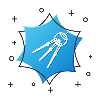 Beyaz çizgi uydu simgesi beyaz arkaplanda izole edildi. Mavi altıgen düğmesi. Vektör İllüstrasyonu