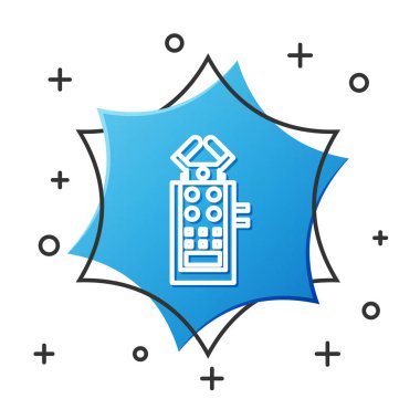 Beyaz çizgi mikrofon simgesi beyaz arkaplanda izole edildi. Radyodaki mikrofondan. Sözcü işareti. Mavi altıgen düğmesi. Vektör İllüstrasyonu