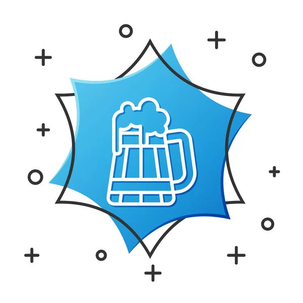 Línea blanca Icono de taza de cerveza de madera aislado sobre fondo blanco. Botón hexágono azul. Ilustración vectorial — Vector de stock