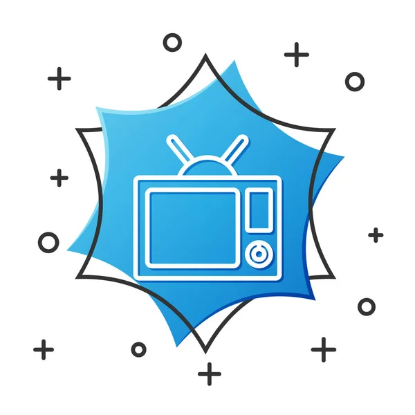 Weiße Linie tv-Symbol isoliert auf weißem Hintergrund. Fernsehzeichen. blauer Sechskant-Knopf. Vektorillustration — Stockvektor