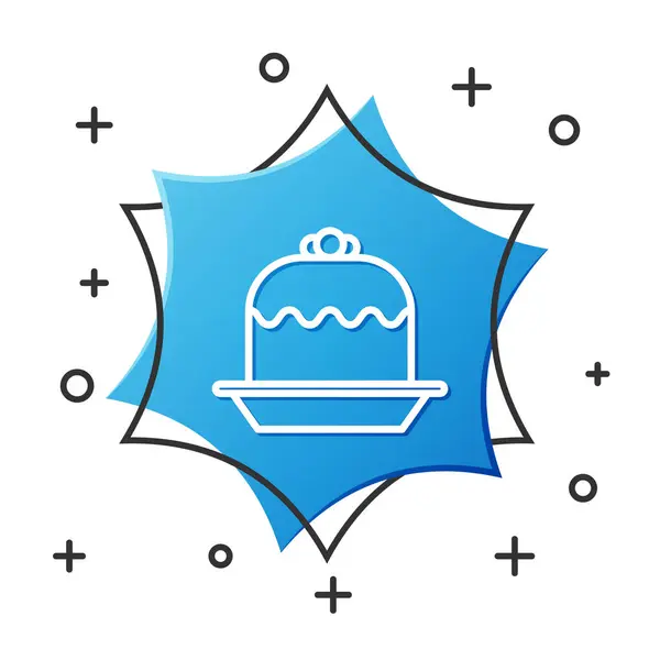Witte lijn Cake pictogram geïsoleerd op witte achtergrond. Gefeliciteerd met je verjaardag. Blauwe zeshoek knop. Vector Illustratie — Stockvector
