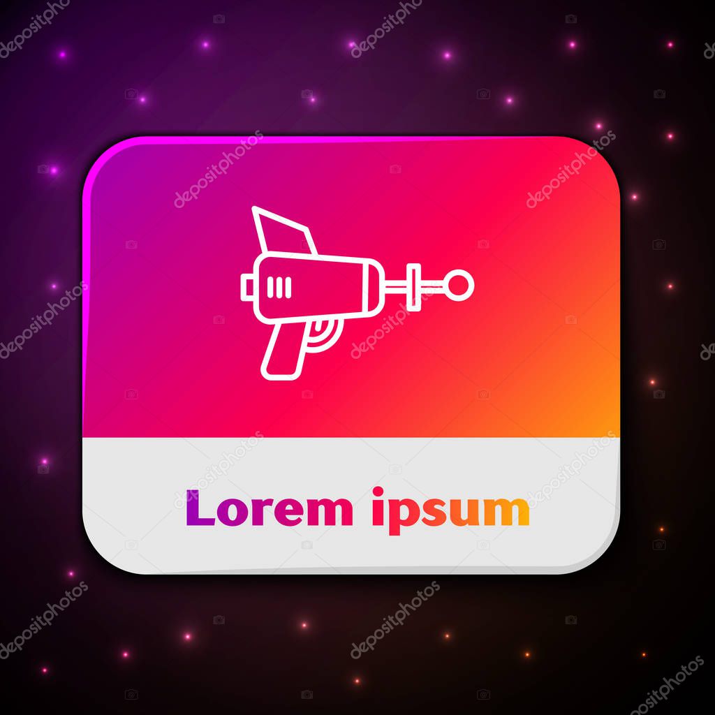 White line Ray gun icon isolated on black background. Laser weapon. Space blaster. Rectangle color button. Vector Illustration