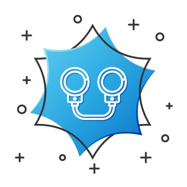 Beyaz çizgili kelepçe ikonu beyaz arka planda izole edildi. Mavi altıgen düğmesi. Vektör İllüstrasyonu