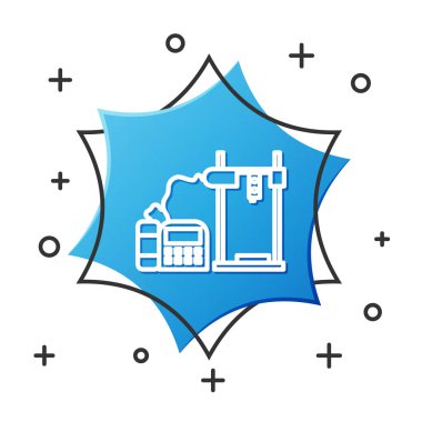 Beyaz çizgi 3D yazıcı simgesi beyaz arkaplanda izole edildi. Mavi altıgen düğmesi. Vektör İllüstrasyonu