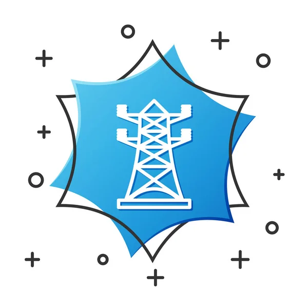 Vit linje Elektriskt torn som används för att stödja en overhead kraftledning ikon isolerad på vit bakgrund. Högspänningsledning. Blå hexagonknapp. Vektor Illustration — Stock vektor