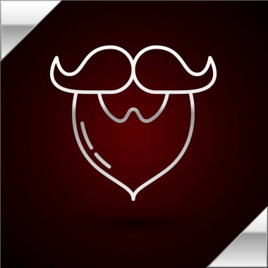 Gümüş çizgili bıyık ve sakal simgesi koyu kırmızı arka planda izole edilmiş. Berber dükkanı sembolü. Yüz kılı stili. Vektör İllüstrasyonu