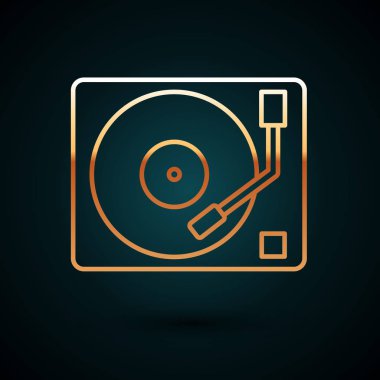 Gold line Vinyl player with a vinyl disk icon isolated on dark blue background. Vector Illustration
