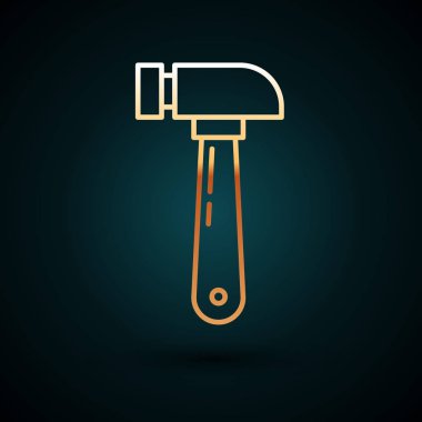 Altın çizgili çekiç simgesi koyu mavi arkaplanda izole edilmiş. Tamir için bir araç. Vektör İllüstrasyonu