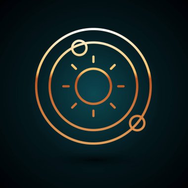 Altın çizgili güneş sistemi simgesi koyu mavi arkaplanda izole edildi. Gezegenler yıldızın etrafında dönerler. Vektör İllüstrasyonu