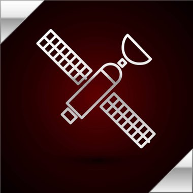 Gümüş çizgili uydu simgesi koyu kırmızı arkaplanda izole edildi. Vektör İllüstrasyonu