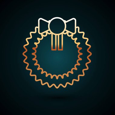 Altın çizgili Noel çelengi simgesi koyu mavi arka planda izole edilmiş. Mutlu Noeller ve mutlu yıllar. Vektör İllüstrasyonu