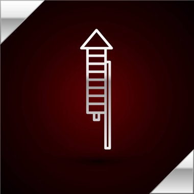 Gümüş çizgili Firework roket ikonu koyu kırmızı arka planda izole edildi. Eğlence partisi anlayışı. Patlayıcı havai fişek sembolü. Vektör İllüstrasyonu